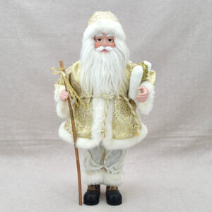 Vintage Santa Claus Figurine - White Gold With Staff, Faux Fur Trim - 18" Decor